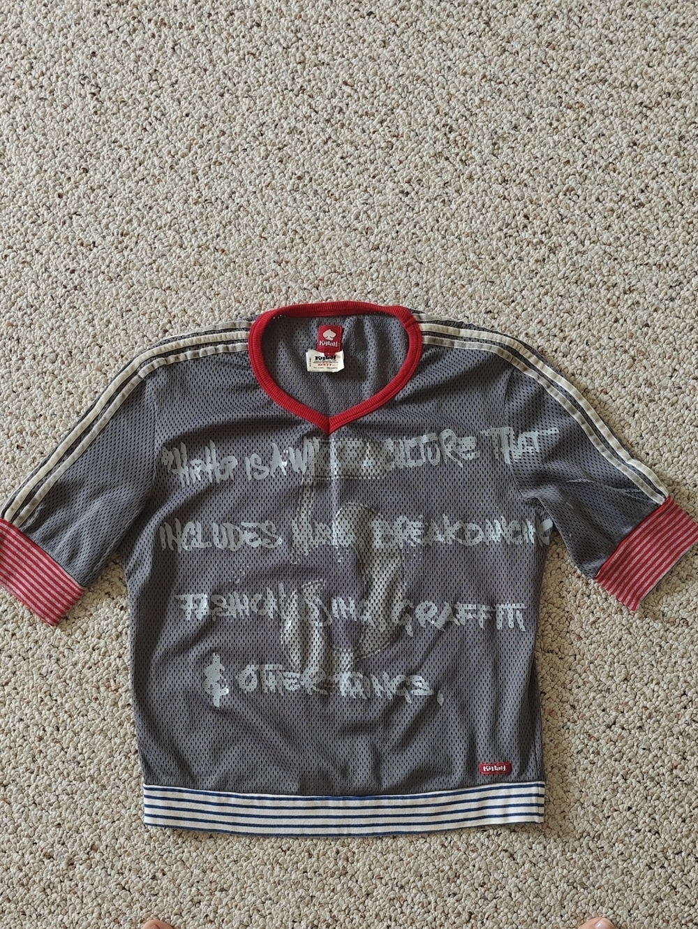 Gray Mesh Jersey with Red Trim and Stripe Accents